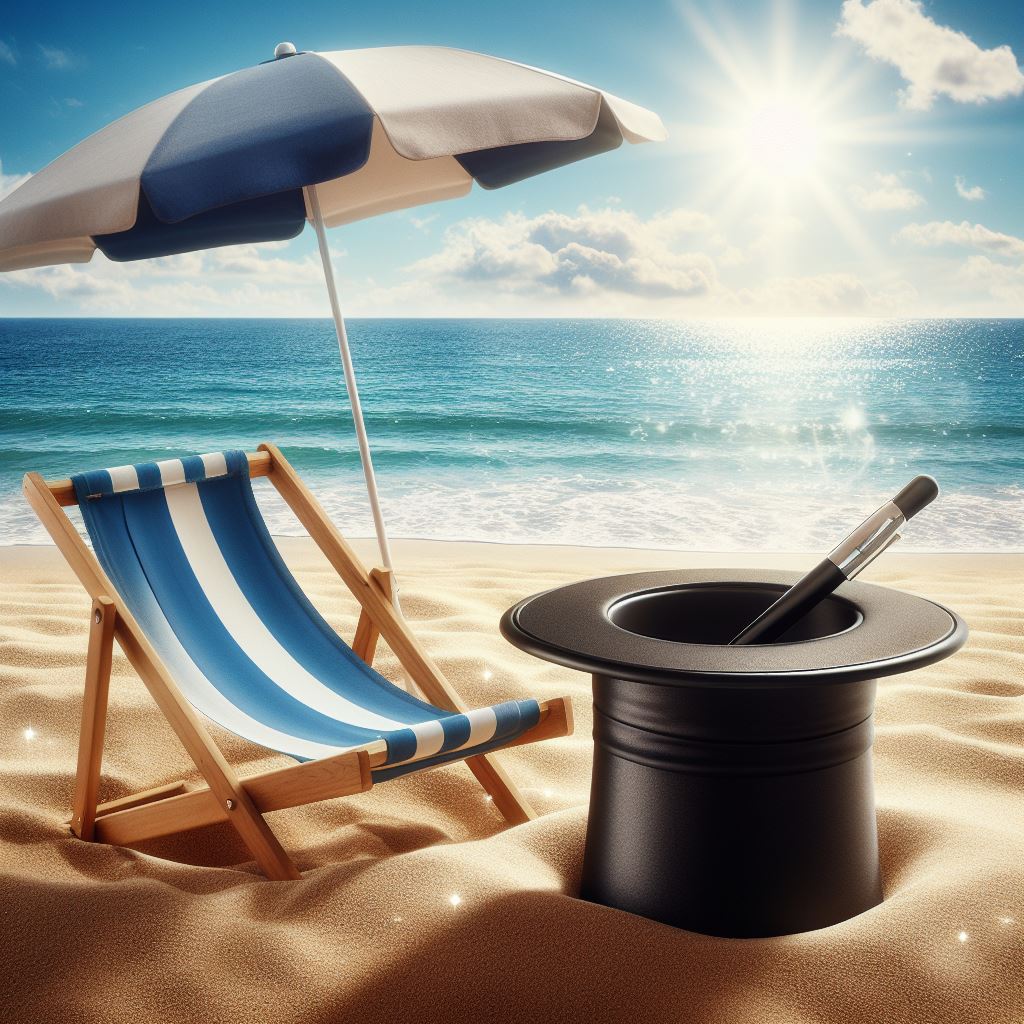 The summer is magic in Malta, an image of a top hat next to a deck chair on a sandy beach under an umbrella with the sun in a summer blue sky and sea in the background.